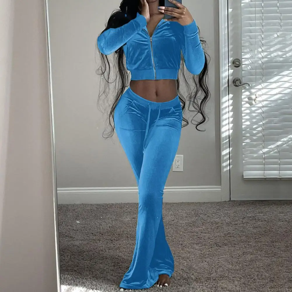 Velvet Tracksuit Women Exposed Navel Sporty Suits Solid Zipper Sweatshirt Flare Pants Set Gym Clothing Low Waist Pants Harajuku