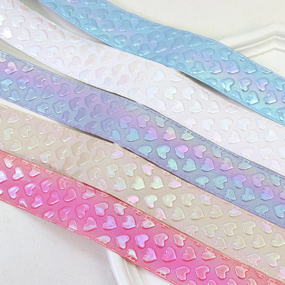 25Yards 38mm Hologram Rainbow Colorful Three-dimensional Hearts PU Ribbon Welcome Printed
