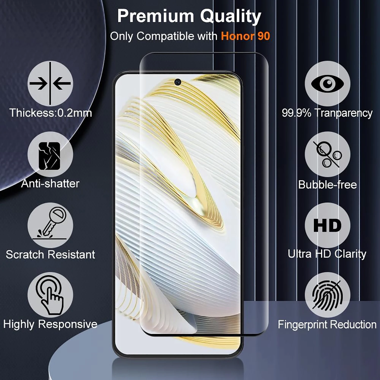 1/4 قطعة زجاج مقسى ثلاثي الأبعاد لهاتف HONOR 90 Ho...