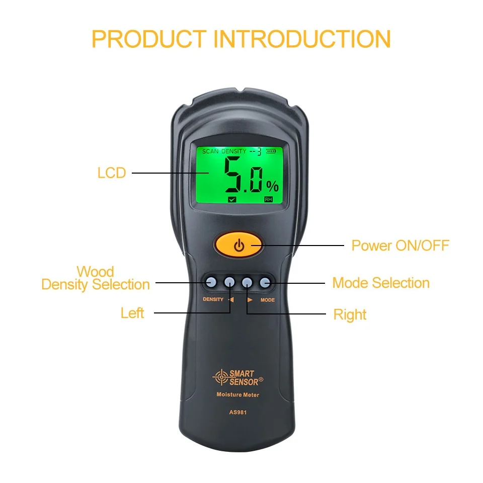 AS981 Digital Hygrometer Moisture Meter Wood Cardboard Lumber Concrete Buildings