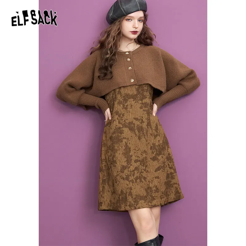 ELFSACK Two Piece Suit Knit Tops Slip Dress Women 2023 Autumn/Winter Long Sleeve Elegant Dresses
