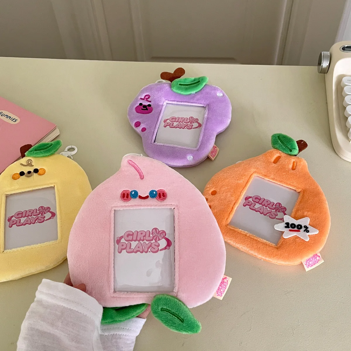 MINKYS Kawaii Fruit Series Fluffy 3 inch Kpop Photocard Holder Photo Card Holder Bag Pendant School Stationery 2