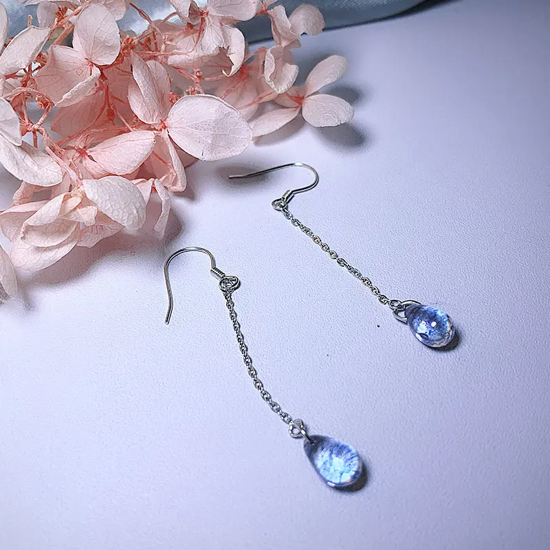 

S925 Sterling Silver Drop Earrings Simple Blue Glass Sweet Long Section