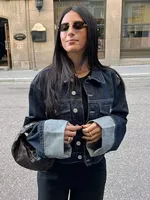 HH Women Vintage Denim Jacket Single Breasted Lapel Long Sleeve Coat With Pockets Dark Blue Denim Jacket Fashion High Street Top