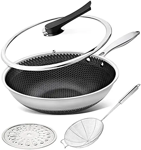 

Pan with Lid, 12.5 Inch Stainless Steel Woks & Stir-fry Pans with Stay Cool Handle, Flat Bottom Wok with Vertical Lid, Induc Jui