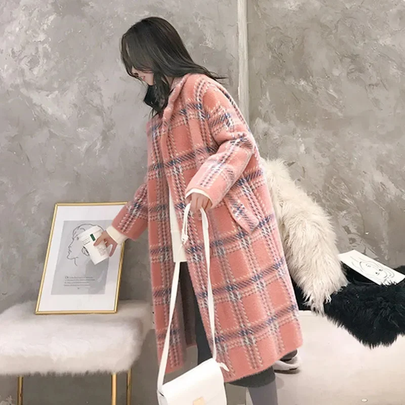 Mink Fleece Autumn/Winter Checkered Coat Medium Long Korean Loose Knitted Coat 2023 New Thickened Sweater Set Collar Coat Pink