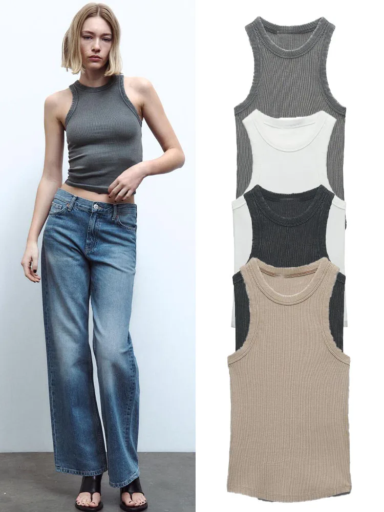 

Women's Vest 2023 Summer New Street European and American Round Neck Sleeveless Washed Rib Slim Fit T-Shirt