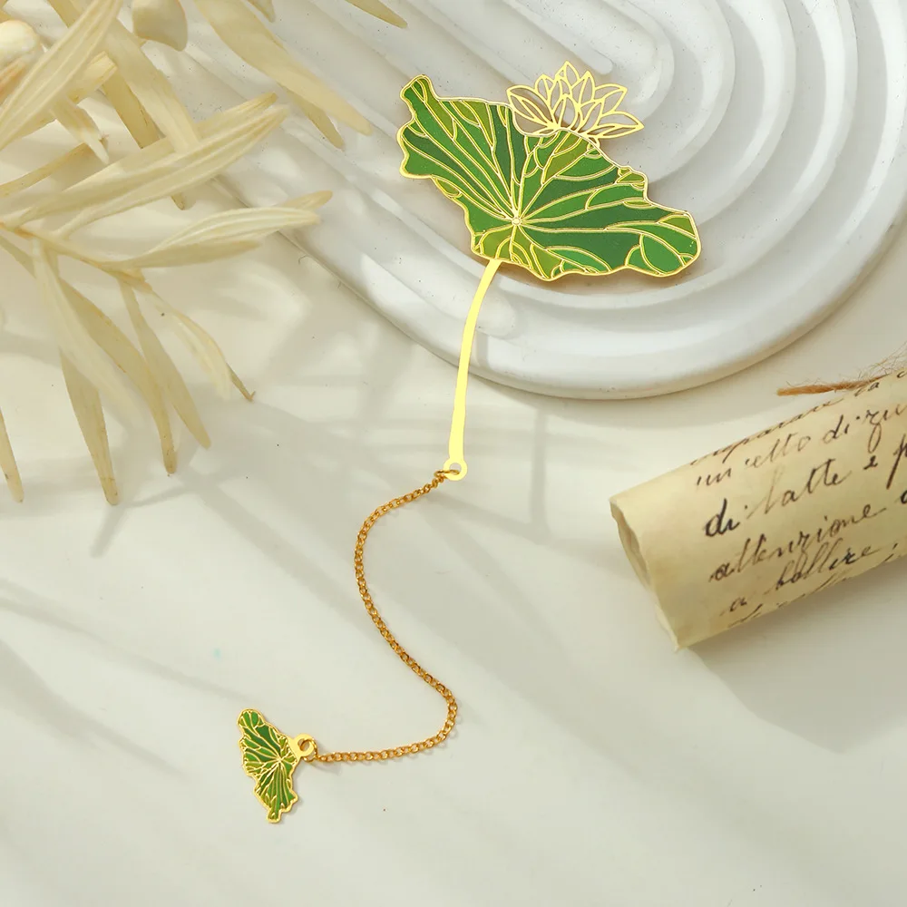 1PC Lotus Leaf Vein Metal Bookmark Chinese Style Creative Bookmarks Tassel Pendant Student Gift Brass Tassel School Stationery metal bookmark bookmarks stationery supplies