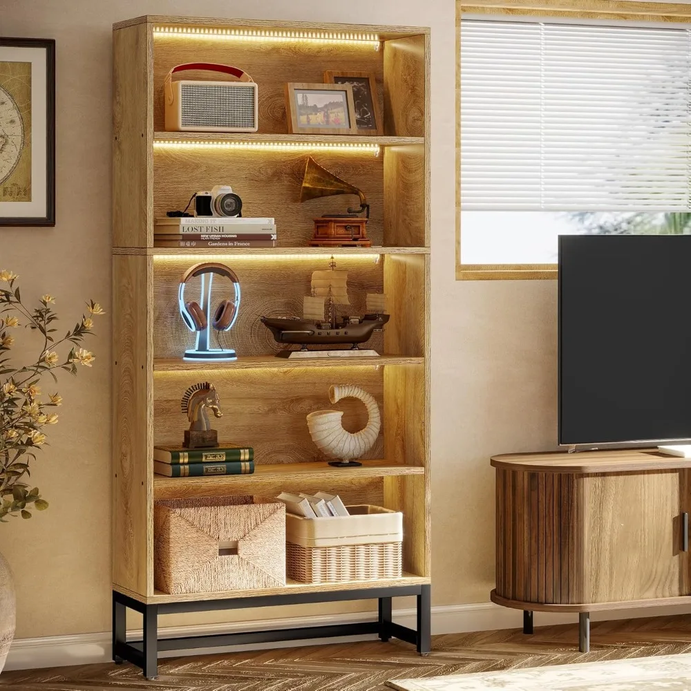 Tall brown bookcase with LED in living room
