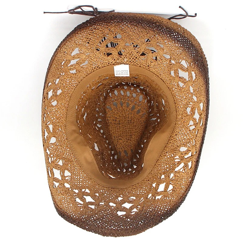 Combhasaki Y2K Retro Cowboy Hat Creative Curled Straw Hollow Design Ethnic Style Beads Chain Decoration Shade Straw Hat
