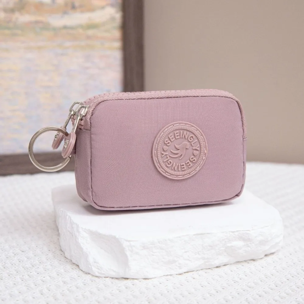 Compact Waterproof Double Layer Women's Wallet with Keychain and Nylon Zipper