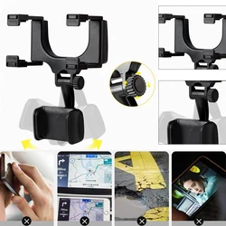 360° Car Mirror Telescopic Smartphone Holder and GPS Mount (Black)