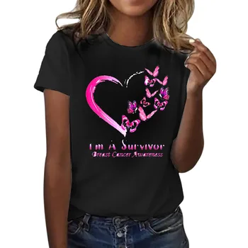 Breast Cancer Awareness T-shirt Women Pink October Short Sleeves Tees Tops Crew Neck Butterfly Heart Graphic T Shirts 2