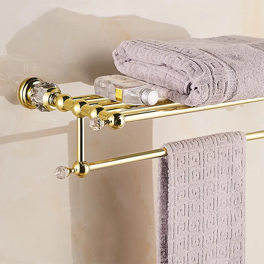 Luxury Crystal Bathroom Accessories Set Gold Polished Bath Hardware Set Wall Mounted Bathroom Products Basket Rack