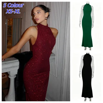 New Retro Women's Elegant Shiny Party Bodycon Robes Sexy Slim Sequins Red Sleeveless Long Robe Fashion Solid Maxi Gown Dresses