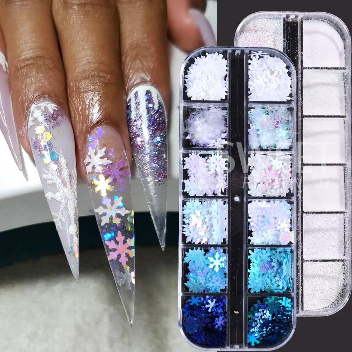 2 Boxes Winter Snowflake Sweater Nail Sequins Blue White Snow Holographic Sugar Powder Design Glitter Flakes Xmas Manicure Decor