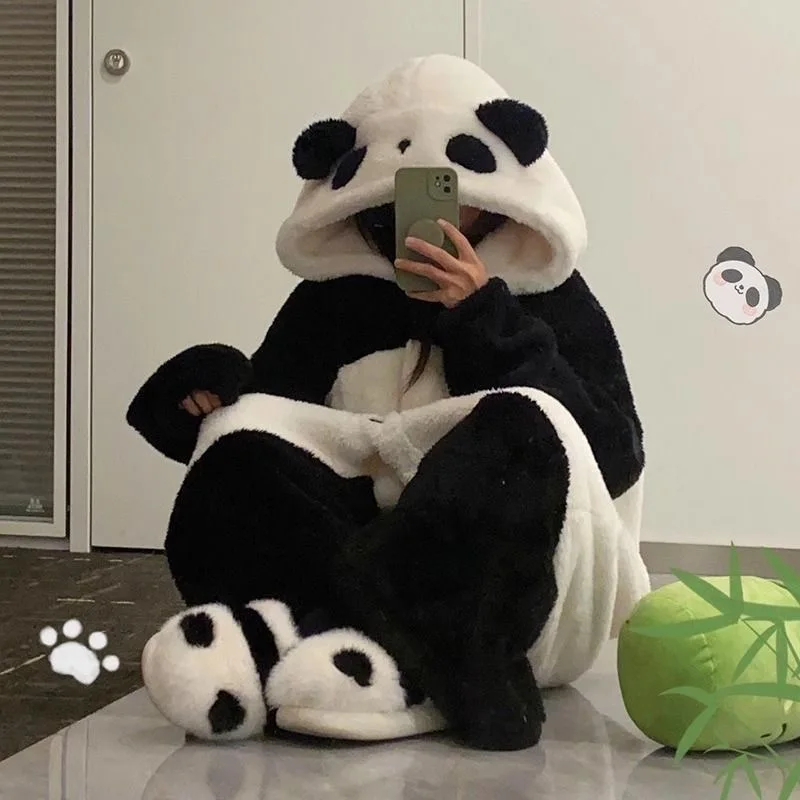 Women's Pajamas Panda Onesies Warm Soft Robes Nightgown Kawaii Animal Cosplay Suit Winter Flannel Homewear Women Clothing