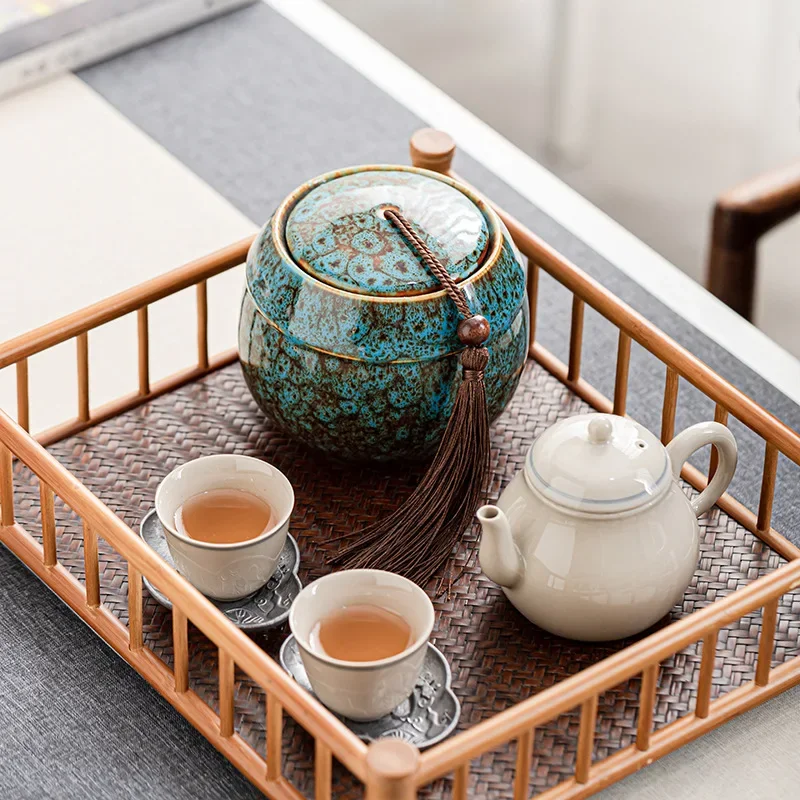Tea Storage Ceramic Jar with Lid Coffee Tea Can for Loose Moisture-Proof Hermetic Pot Mini Blue and White Porcelain Ornament