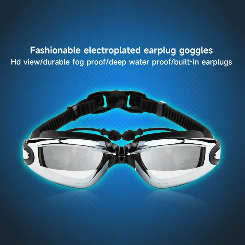 Swimming Goggles with Earplugs Adult Waterproof Fog-proof Swimming Glasses Unisex Electroplated Large Frame Swim Eyewear