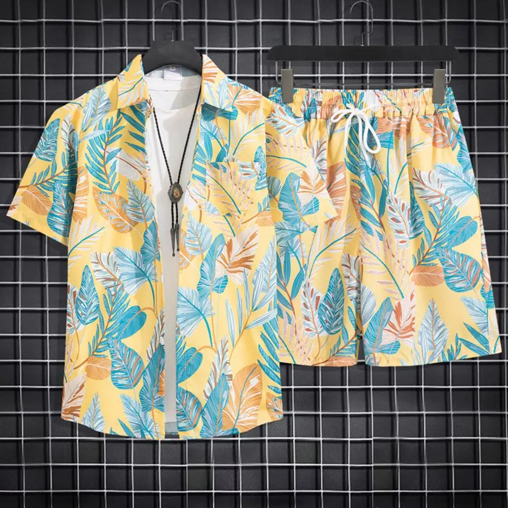 

Loose Fit Men Outfit Short Sleeve Top Shorts Set Men's Summer Casual Coconut Tree Print Shirt Shorts Set with Elastic for A