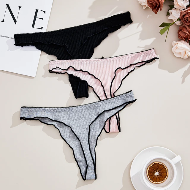 3Pcs Women's Thong Low-rise Panties Solid Color Cotton Lingerie Sexy Thongs Fashion Casual Underwear Comfort Fit Women's Tangas 2