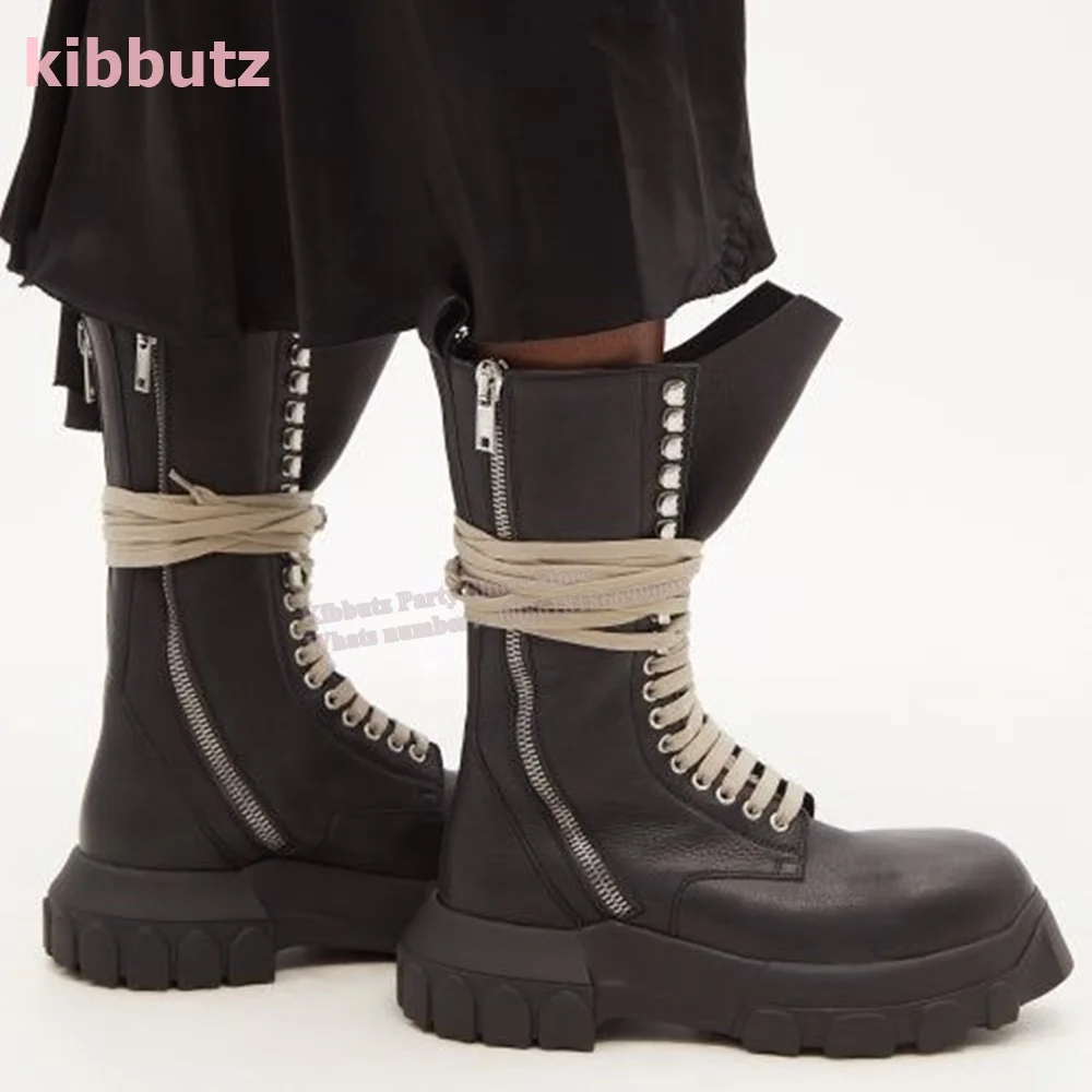 

Wrap Around Tape Mid Calf Boots Genuine Leather Round Toe Height Increasing Side Zipper Solid Black Fashion Novelty Concise Men
