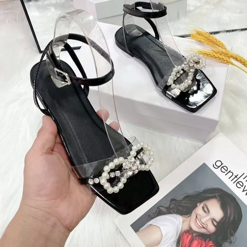 Summer Women's Sandals Bow Pearl Flat Heels Elegant Rhinestone Party Ladies Shoes Plus Size 42 women sandals,women shoes