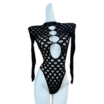 1PC Sexy Cover Up Women Bodysuit Long Sleeves Jumpsuit See Through Hollow Out For Music festival Bodystocking W707 1