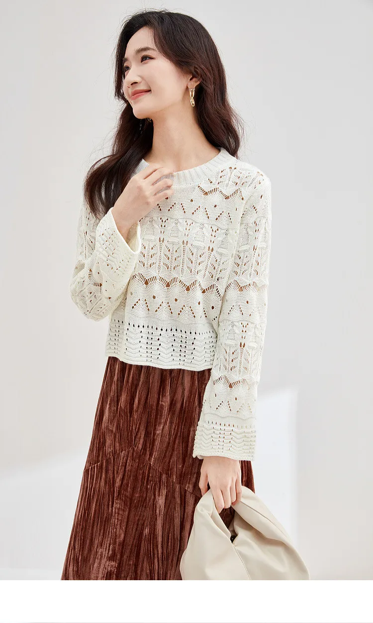 Hollow Out Crewneck Sweater white     Women’s Fall  Autumn round O-neck elegant long sleeves temperament holed acrylic knit regular yarn tops for woman slight stretch Jumpers Womens holes crew neck fashion sweaters  in  off-white #W33E52449