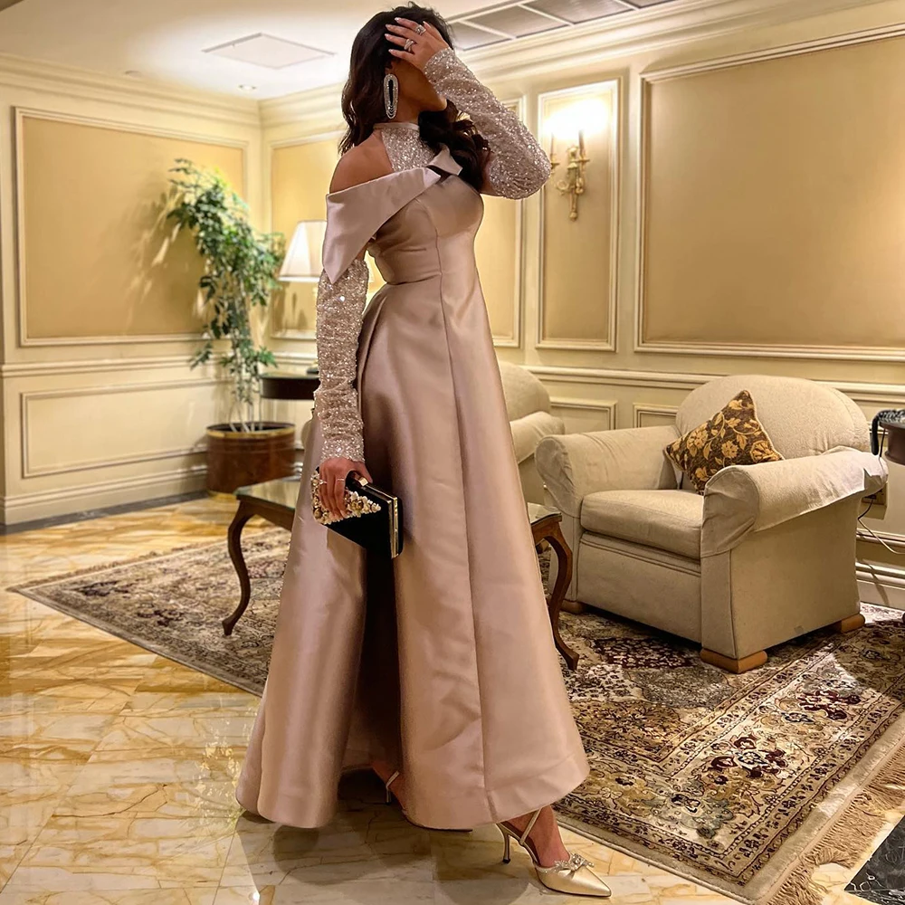 347388-248033.jpg Se183de3e97014dd5a4edadc269af98b91 Elegant Khaki Satin High Low Dubai Evening Dress for Wedding Party Halter Arabic Women Midi Formal Guest Gowns Mallzona