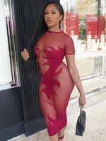 Sibybo See Through High Stretch Long Dress For Women Fashion O Neck Short Sleeve Slim Bodycon Robes Sexy Club Party Dresses 1
