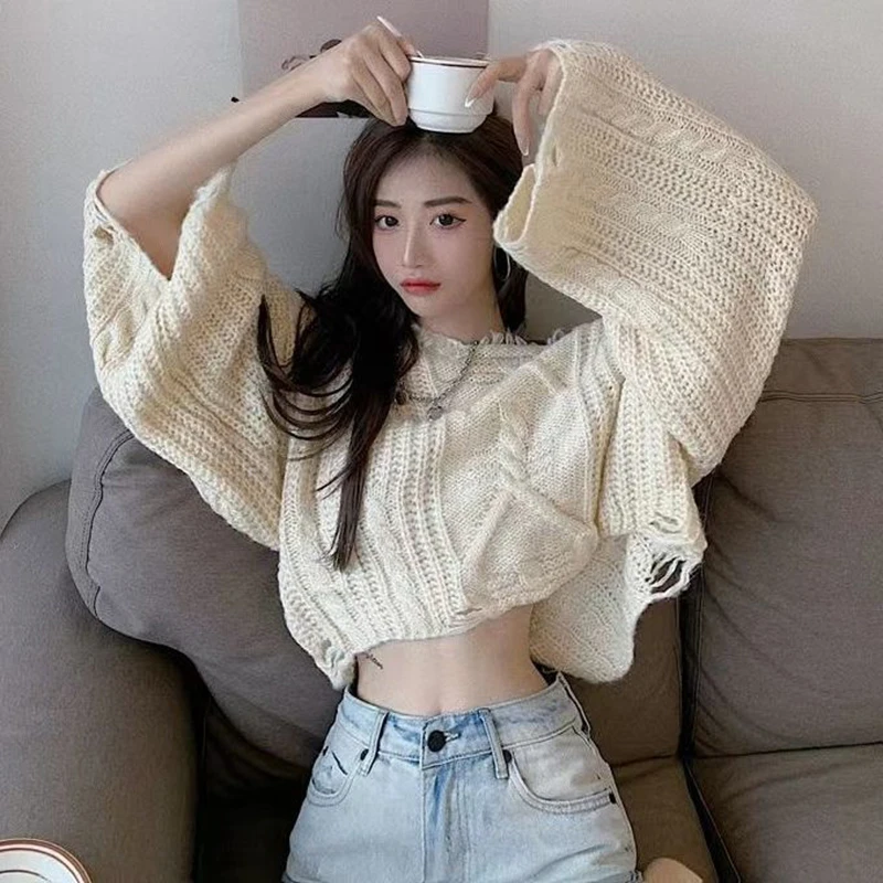 

Jacquard Knit Solid Hole Autumn Winter Round Neck Crop Long Sleeve Lazy Style Women Top Fashion Oversized Harajuku Cool Clothes
