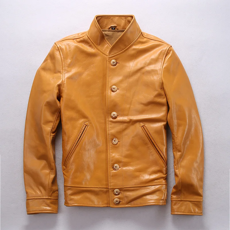 

Brand Designer Original Genuine Cow Leather Jacket Male Vintage Business Stand Collar Large Size Coat