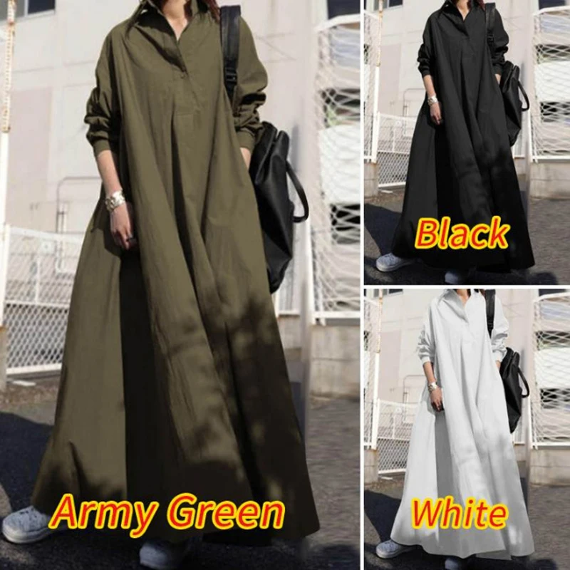 

2022 new women's fashion autumn pure color cotton retro ethnic wind girls loose long sleeve big swing women's dress