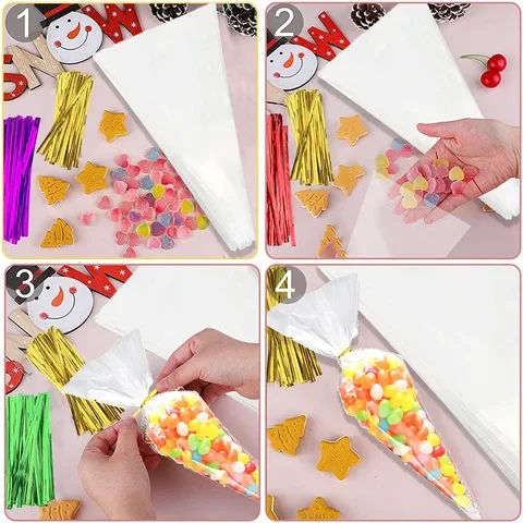 

50Pcs Transparent Cone Candy Bag For Wedding Cookie Birthday Cake Pops Gift Candy Buffet Supplies Easter Party Decorations