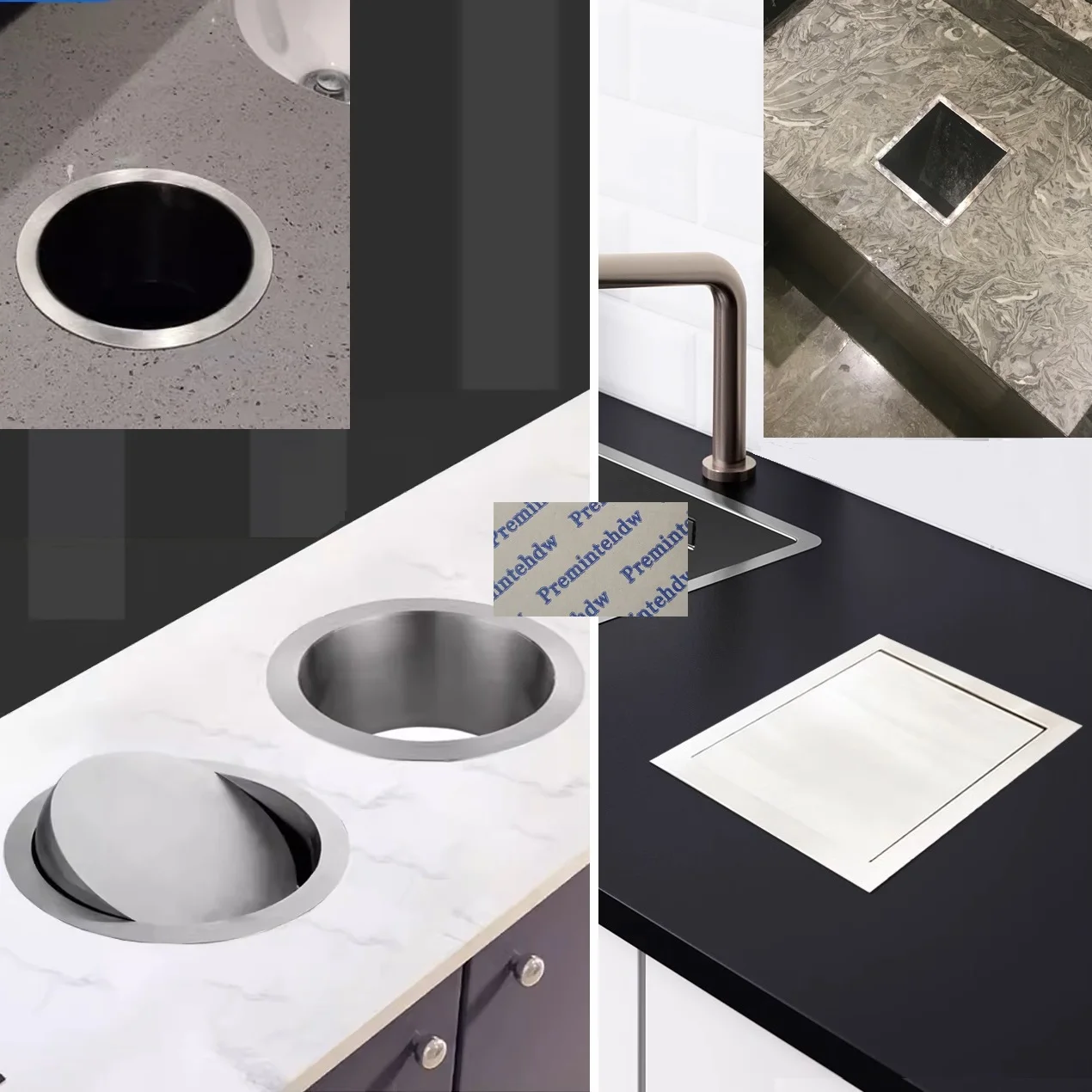 1Piece SUS304 Square Round Drop in Trash Chute Flip-top Cover Lid Open Top Grommet Sleeve Kitchden Bath Countertop