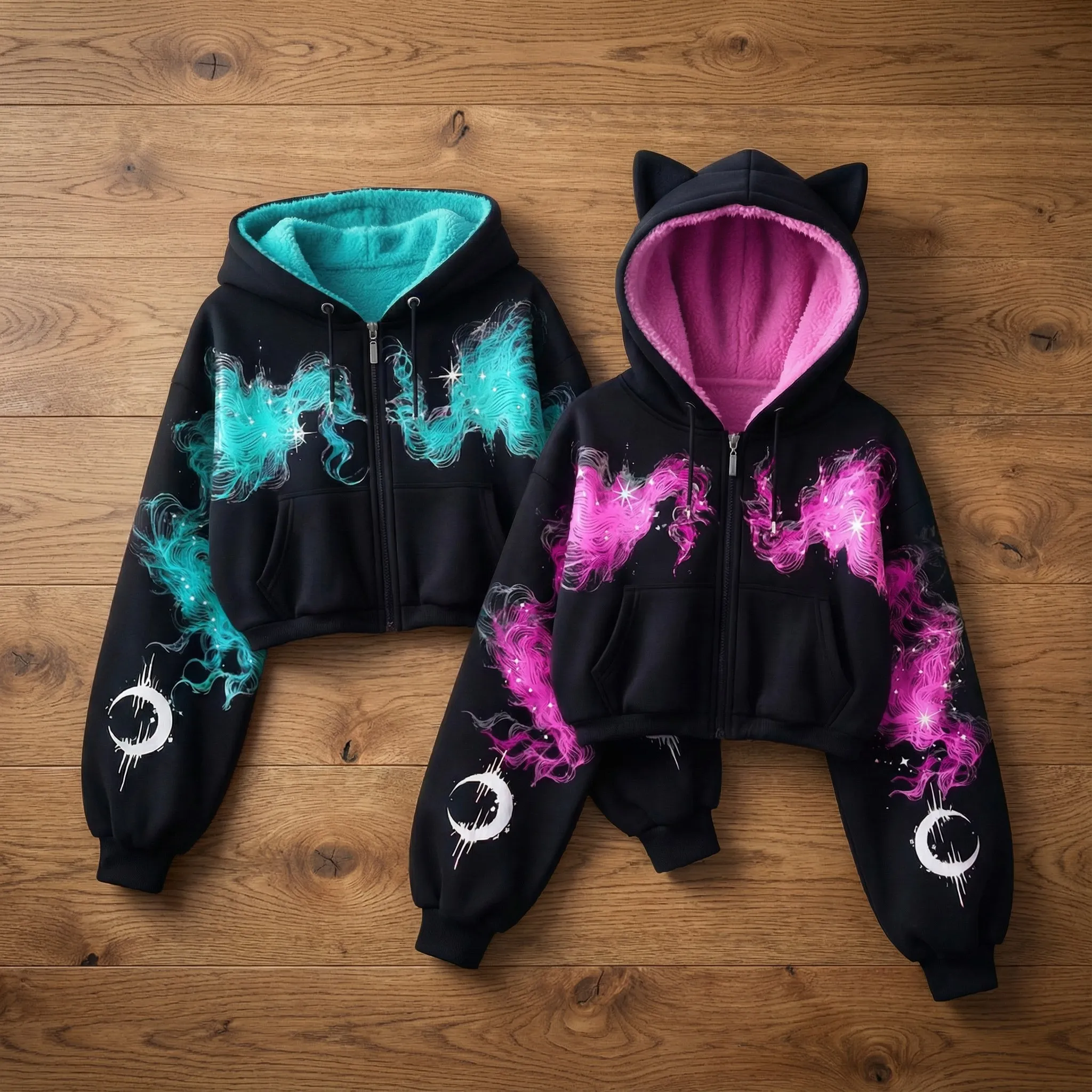 Womens Dark Cosmic Galaxy Hoodie Crop Top Short Sweatshirt Oversized Pullover Streetwear Y2K Long Sleeve Female Casual Fashion