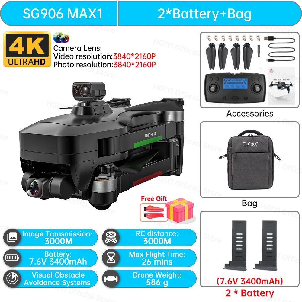 gopro drone HGIYI SG906 MAX2 5000mAH GPS Drone 4K Professional Camera with 3-Axis Gimbal 360 Obstacle Avoidance 906 MAX Brushless Quadcopter best drone with camera Camera Drones