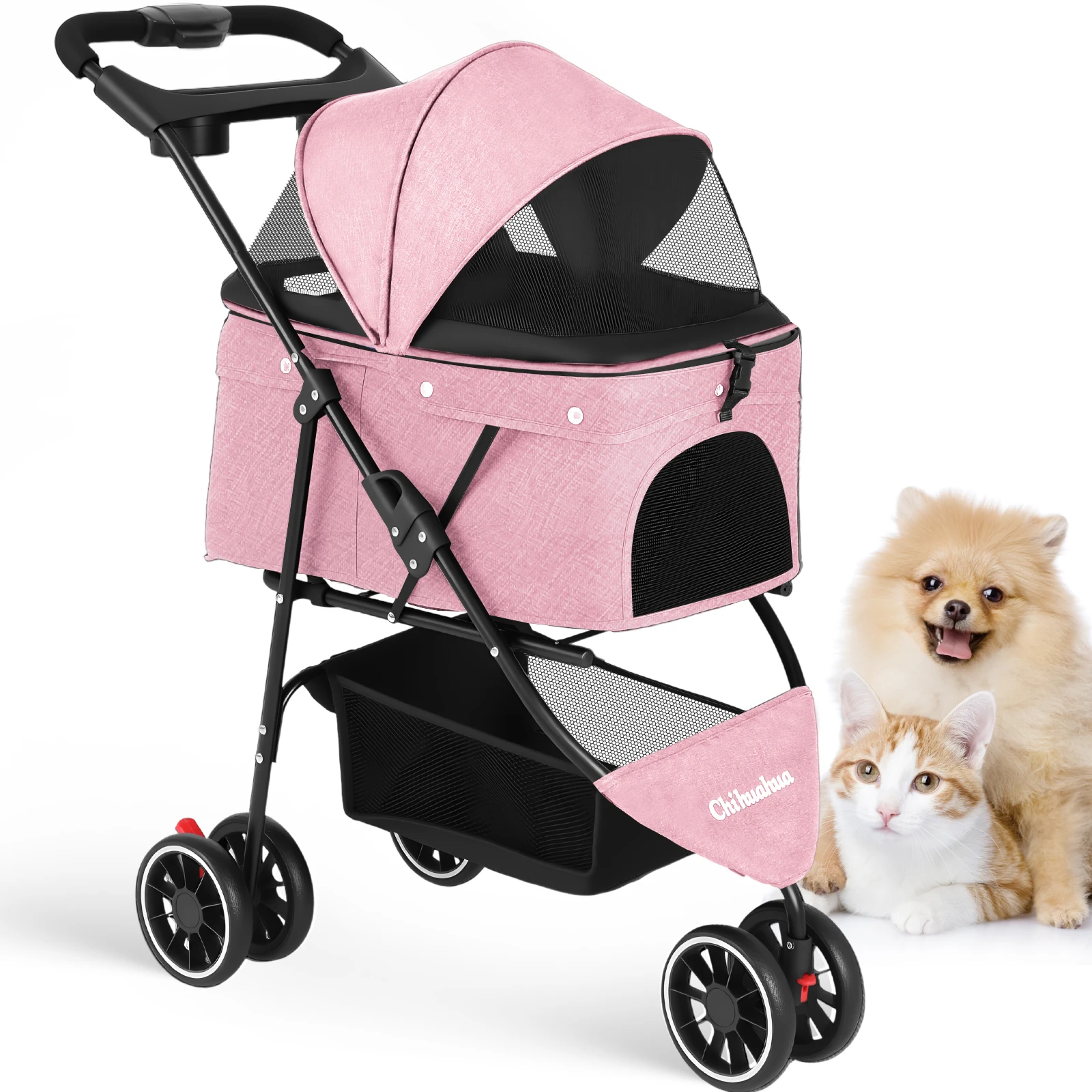 Portable Foldable Pet Stroller for Small Dogs & Cats, Travel Carrier with Canopy, Storage Basket 6