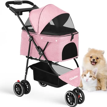 Portable Foldable Pet Stroller for Small Dogs & Cats, Travel Carrier with Canopy, Storage Basket 6