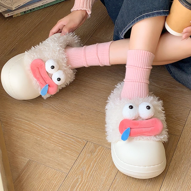 2025 New Funny Cartoon Plush Slippers Women Thick Sole Non Slip Home Cotton Slippers Woman Cute Indoor Warm Fluffy Slides Shoes