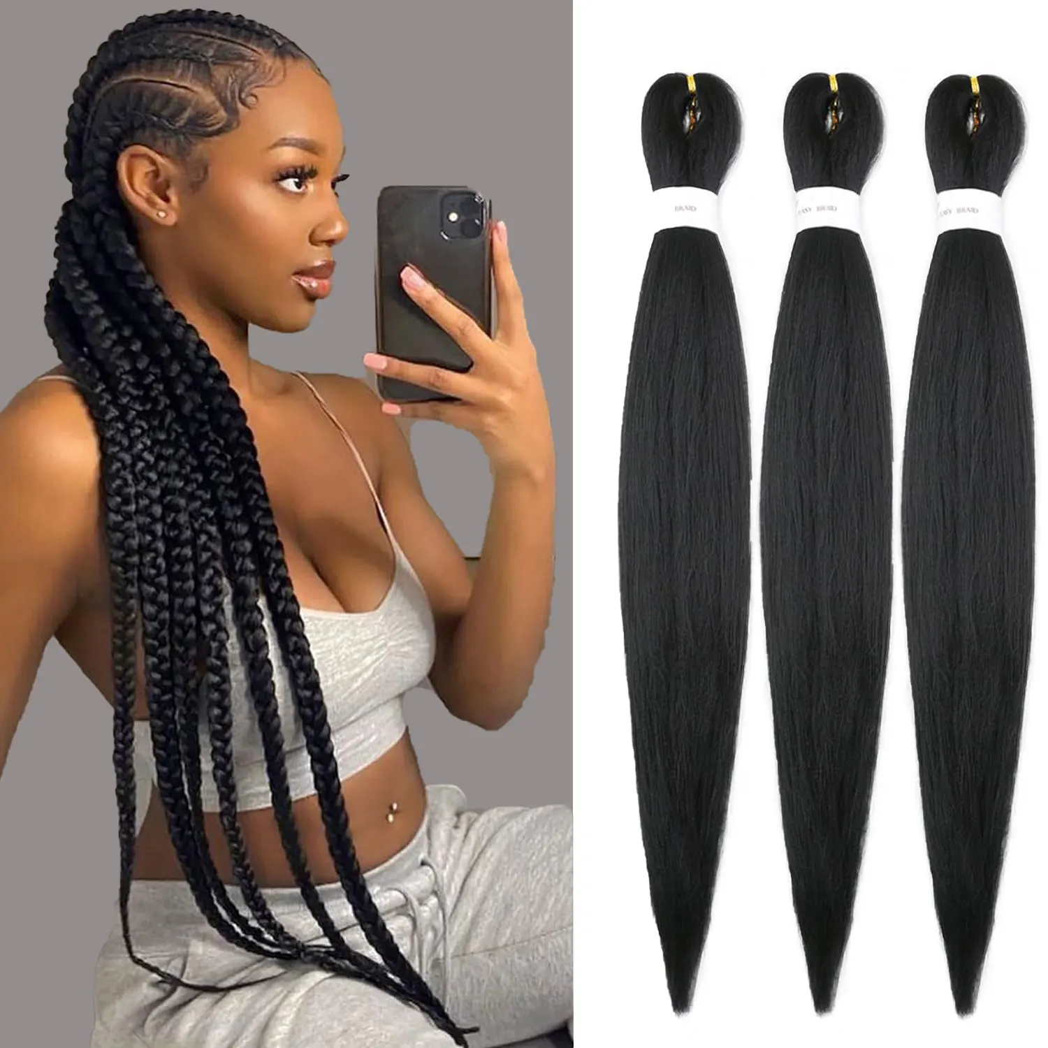 

Предварительно растянутые плетеные волосы, 26 дюймов, 3 упаковки, натуральные черные плетеные волосы Kanekalon, предварительно растянутые длинные прямые искусственные волосы