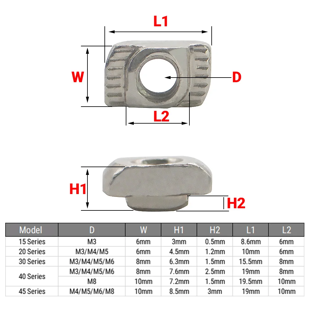 20Pcs/Lot Stainless Steel M4/M5/M6/M8 for 20/30/40/45 Series Slot T-nut Sliding T Nut Hammer Drop In Nut Fasten Connector