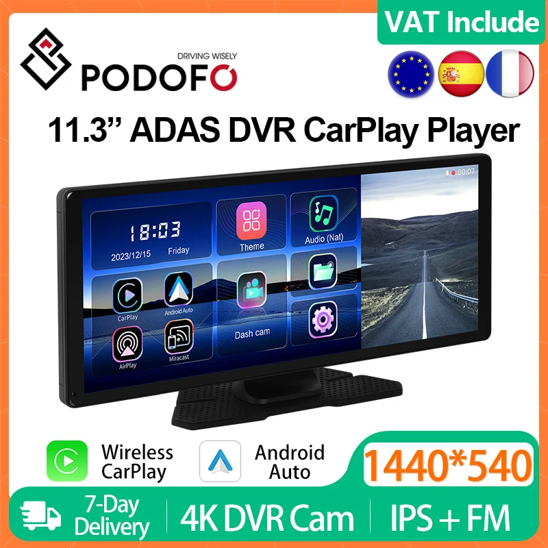 Podofo 11.3 "Wireless Carplay Player Android Auto Car Radio Dash Cam Adas Dvr Stereo Ips Touch Screen 2Din Multimedia Player Bt