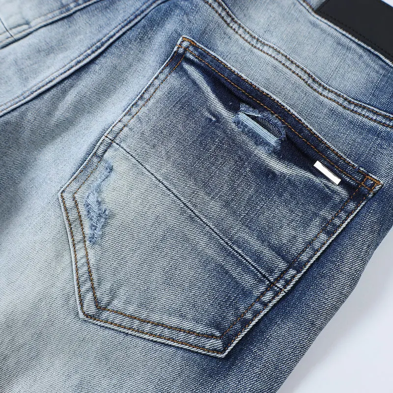 Latest Street Fashion Men's Light Blue Jeans Retro Elastic Slim Fit Split Washed Jeans Men's Designer Hip Hop Brand Patch Pants