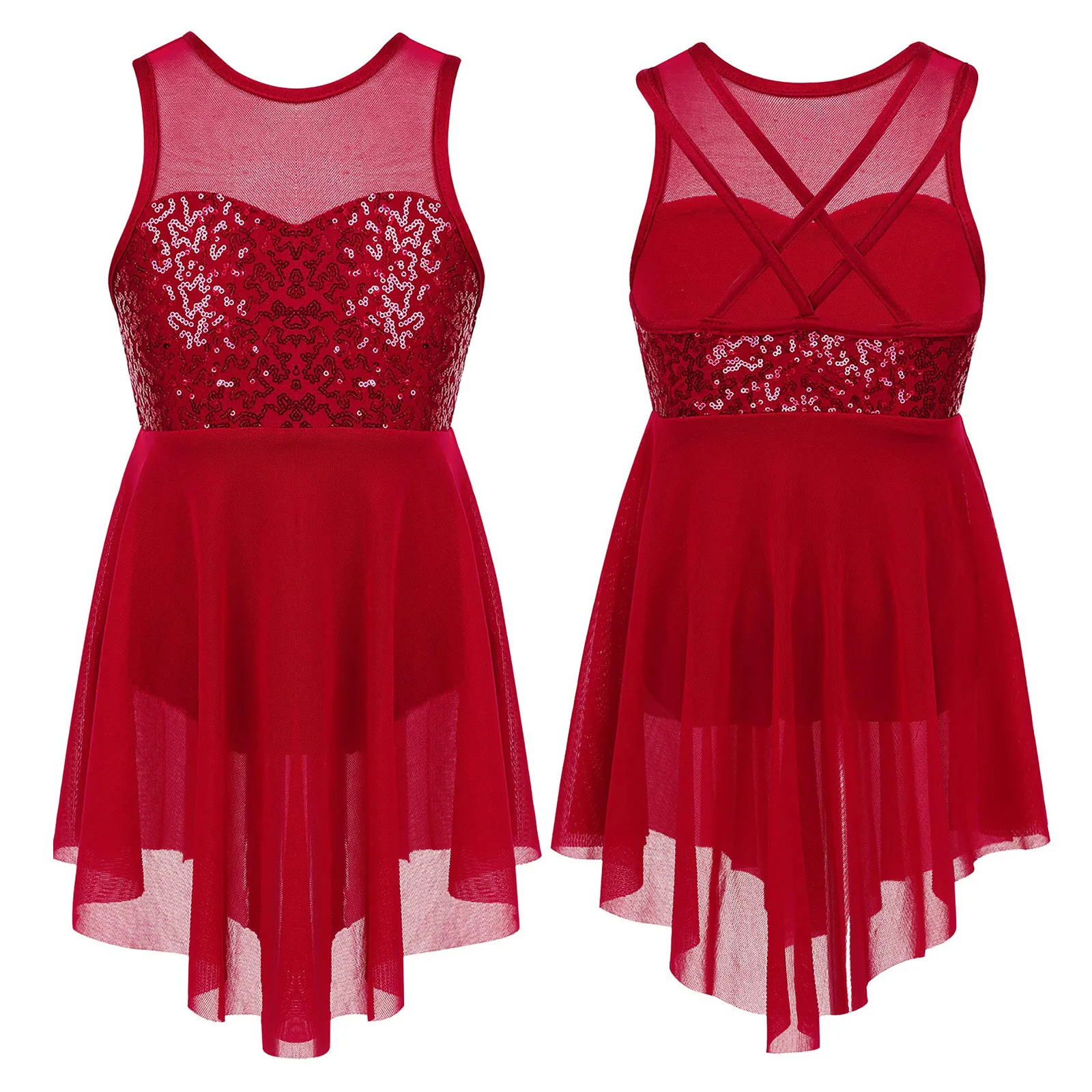 thumbnail image 1 of Vestido de competición de baile de ballet y patinaje artístico para niñas pequeñas, sin mangas, con lentejuelas brillantes y dobladillo irregular, con espalda hueca, 1 of 5