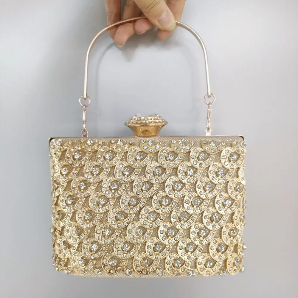 Gd Peafowl Gold Box Bag Ladies Banquet Purse Fashion Pochette Prom Evening Bag Diamond Women Clutch Bag Crystal Party Handbag