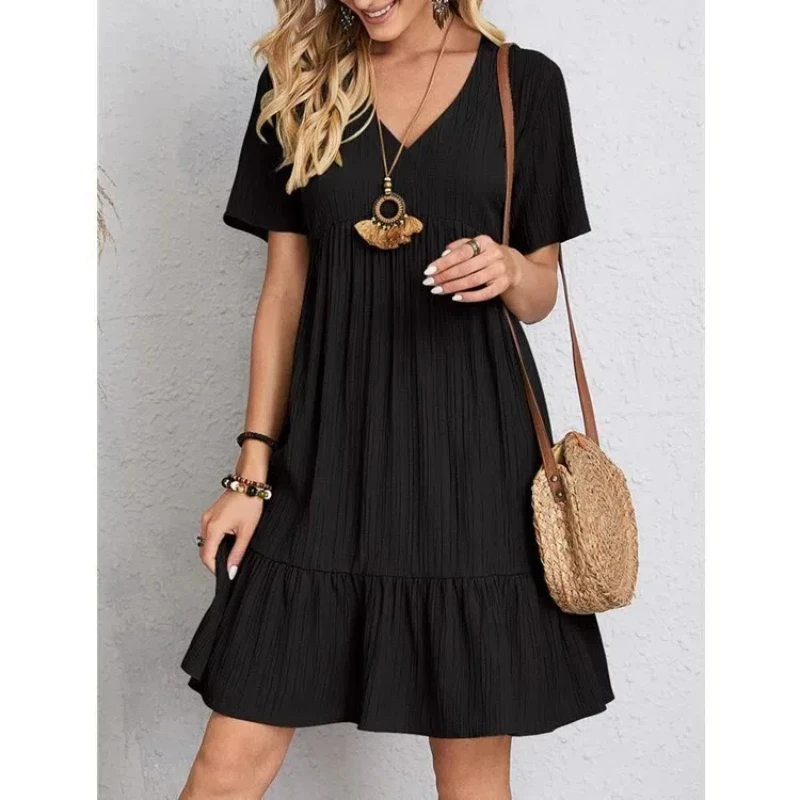 Fashionable New Summer Solid Color V-neck Cake Skirt Casual Short Sleeved Dress 237