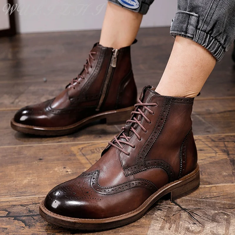 

Brown British Style Martin Boots Men's Side Zipper Cow Leather Shoes Vintage Ankle Carve Designs Fashion Polish Business Boots