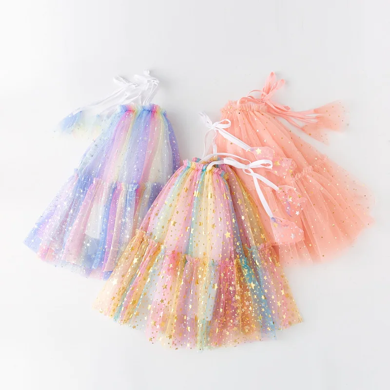 

2023 Summer Girls Princess Tull Shinning Suspender Dress Three Colors
